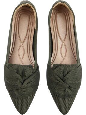 Women's Green Bow Pointed Toe Pull On Comfortable Knit Dressy Ballet Flat Shoes